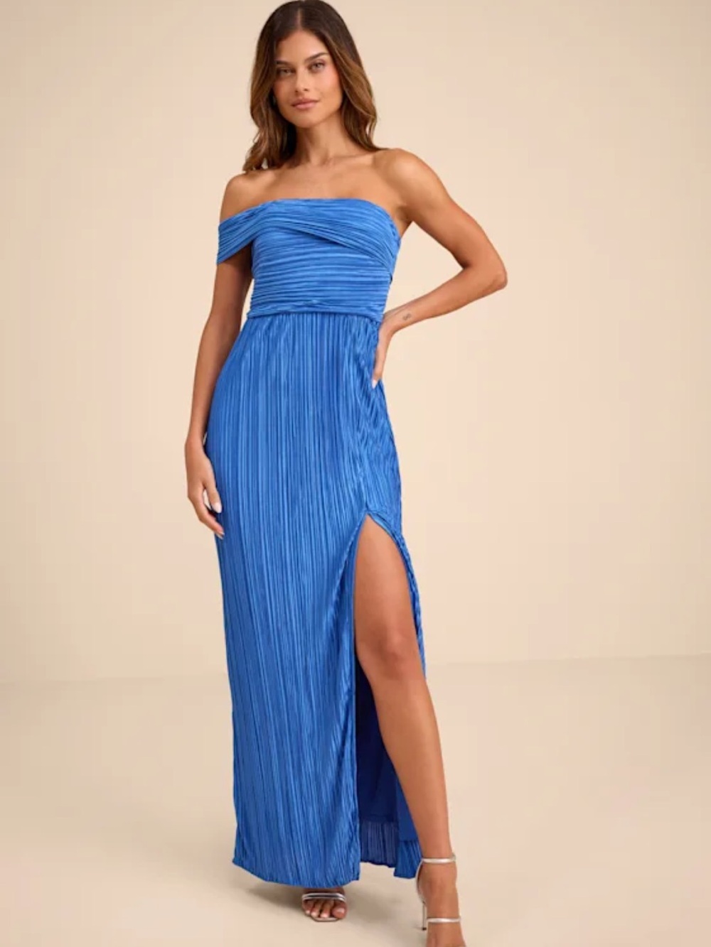 Lulu's Royal Blue Off-the-Shoulder Pleated Maxi Dress